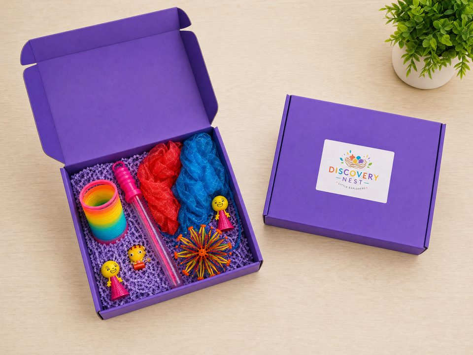 Discovery Nest sensory activity box open with colourful play resources