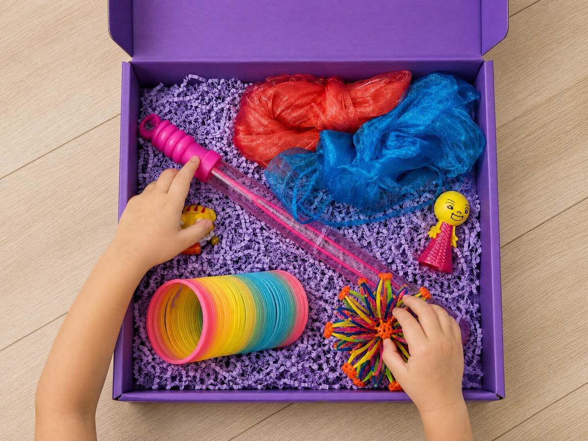 Child exploring Discovery Nest Attention Box with sensory resources inside