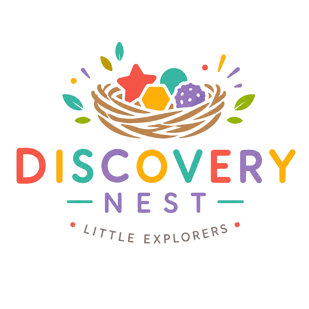 Discovery Nest nest logo with colourful shapes and Little Explorers wordmark